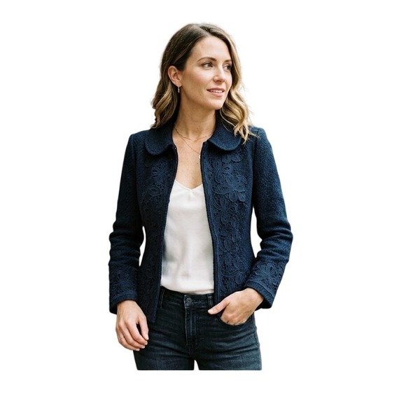 Nanette Lepore Jackets & Blazers - Nanette Lepore Lace‎ Embroidered Tweed Blazer Navy Blue Embellishment Fitted 0
